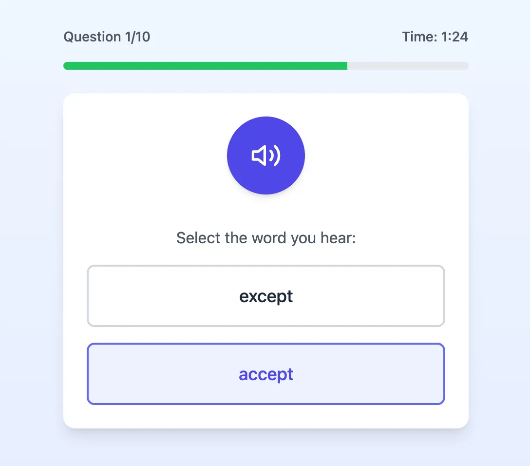 LisPick quiz screen with an audio button and four answer choices